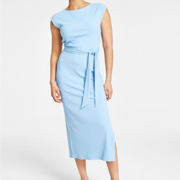 Bar III Blue Cap Sleeve Ribbed Sheath Side Slit Dress MIDI Sz 1X NEW - Picture 8 of 8